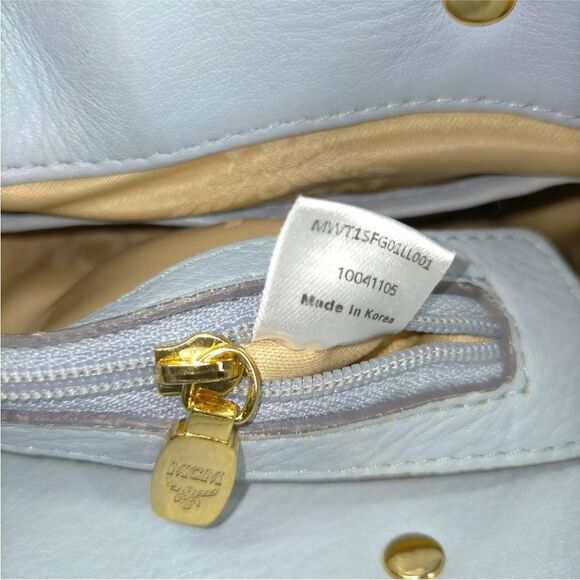Auth MCM Light Blue Leather Tan Trim 2way Saddle Hobo Bag Satchel Preloved Purse - Picture 9 of 9